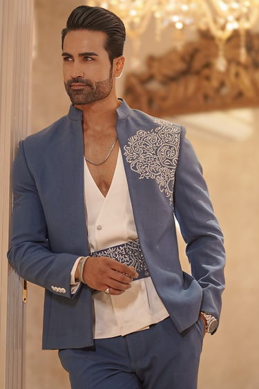 Steel Blue Embroidered Bandhgala Set