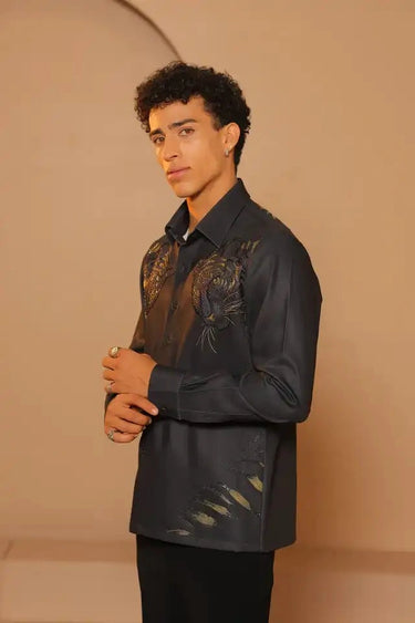 Black Satin Shirt with Tiger Digital Print