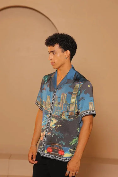Digital print relaxed fit double shirting satin