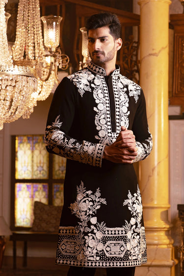 Men’s Black Meghna Fabric Kurta with Fine White Resham Floral Handwork - Bharat Reshma