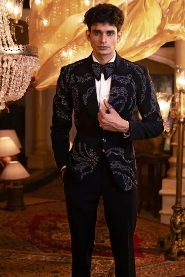 Black Meghna Fabric Tuxedo with Shimmering Sequin & Bead Handwork
