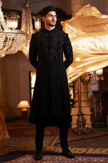 Men’s Black Meghna Fabric Gown with Resham French Knot Floral Work
