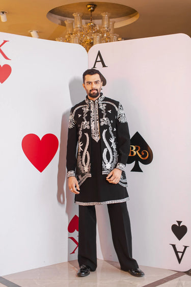 Black Hand-Embroidered Magna Waistcoat Kurta Set Worn by Maniesh Paul - Bharat Reshma
