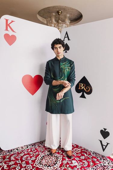 Emerald Canvas Kurta – Green Front-Open with Hand-Painted Embroidery - Bharat Reshma