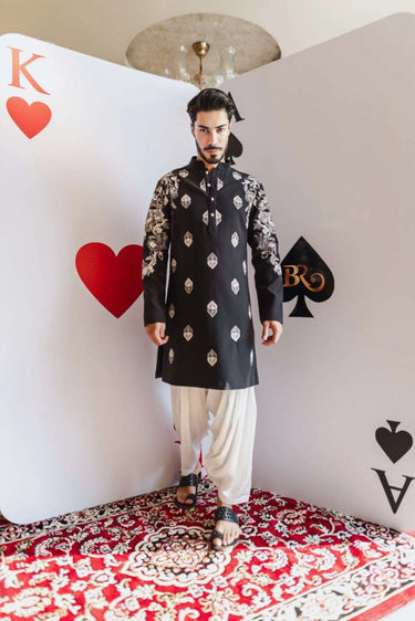 Ashen Motifs Kurta Set – Dark Grey with Ivory Dhoti - Bharat Reshma