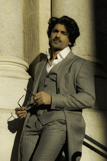 Taaha Shah in Dark Grey Stripe 3-Piece Suit