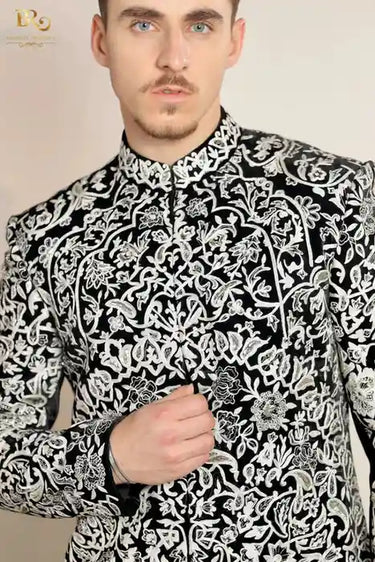 Black Thread Embroidered Indowestern Set