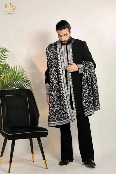 Black Embroidered Indo-Western Set with Stole & Pant