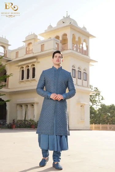 Blue Raw Silk Embroidered Sherwani Set