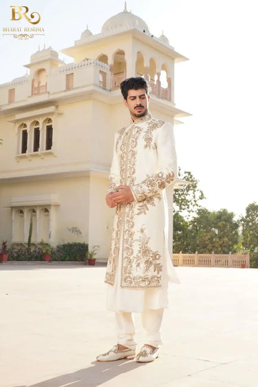 Ivory Silk Hand Embroidered Sherwani Set