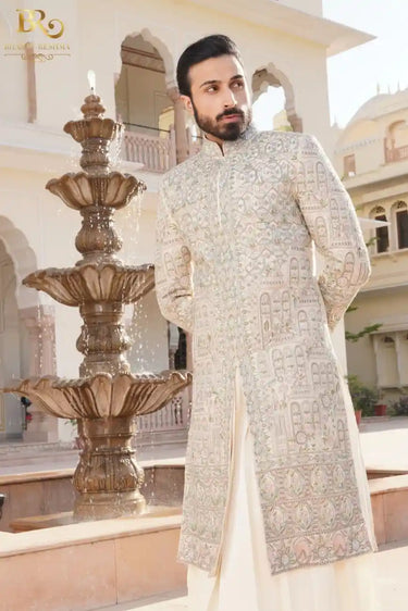 Beige Resham Embroidered Raw Silk Wedding Sherwani