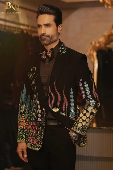 Black Tuxedo with Multicolor Hand Embroidery