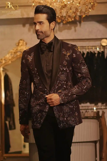 Men's Wine Floral Hand Work Blazer