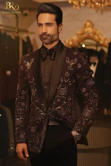 Men's Wine Floral Hand Work Blazer
