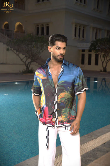 Multicolor Jungle-Themed Men's Satin Printed Shirt