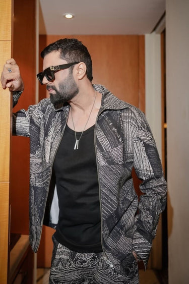 Manish Paul in Our Charcoal Abstract Digital Print Coord Set - Bharat Reshma