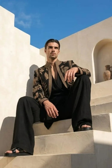Noir Zari Drape kurta, Bandhgala set