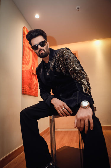 Manish Paul in Black Velvet Eagle Embroidered Suit