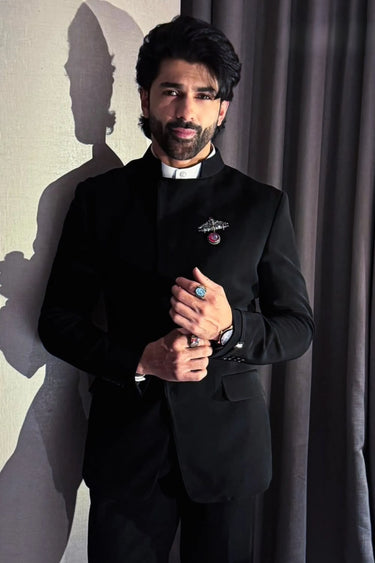 Taaha Shah in Classic Black Jodhpuri Suit