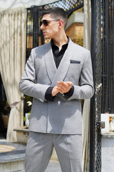 Grey Tira Fabric Plain Blazer and Trouser Set - Bharat Reshma