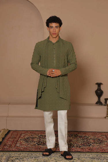 Olive Drape Kurta Stole Set - Bharat Reshma
