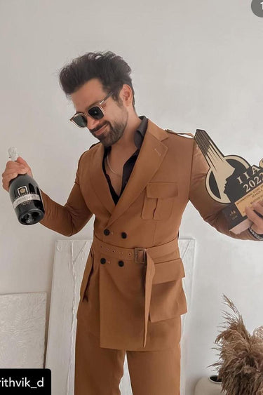 Rithvik Dhanjani In Our Brown Slim-fit Blazer and Pant Set - Bharat Reshma