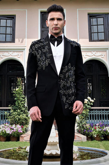 Black Embroidered Moti and Cutdana Tuxedo Set - Bharat Reshma