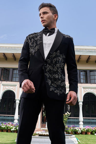 Black Embroidered Moti and Cutdana Tuxedo Set - Bharat Reshma