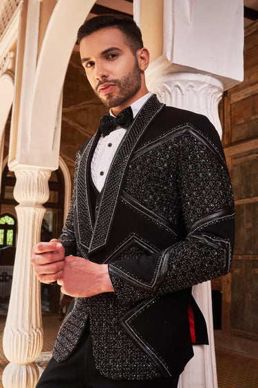 Black Embroidered Studs Tuxedo Set - Bharat Reshma