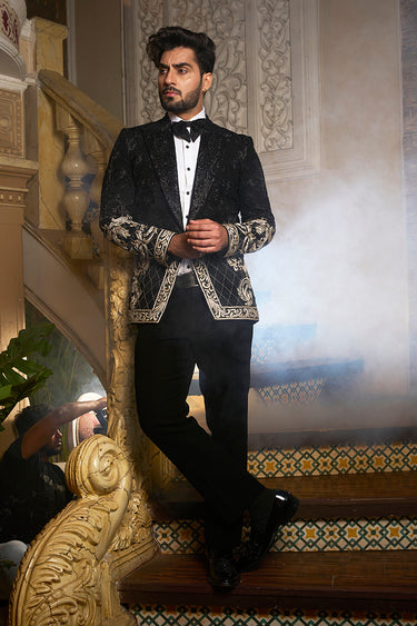Black Tuxedo with Resham embroidery in botanical pattern - Bharat Reshma