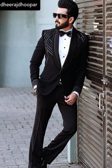 DHEERAJ DHOOPAR in Our Black Designer 2 Piece Suit for Men - Bharat Reshma