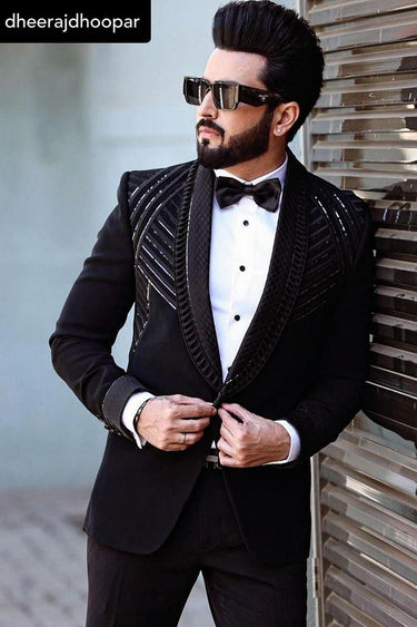 DHEERAJ DHOOPAR in Our Black Designer 2 Piece Suit for Men - Bharat Reshma