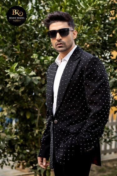 Gurmeet Chaudhary in Our Black Embroidered Tuxedo Set - Bharat Reshma