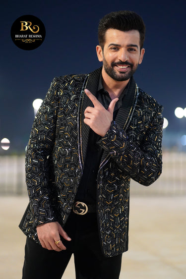 Jay Bhanushali In Our Black Cutdana & mirror embellishments Tuxedo - Bharat Reshma