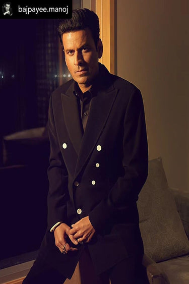Manoj Bajpayee in our Black Plain Double-Breasted Jacket and Pant Set - Bharat Reshma