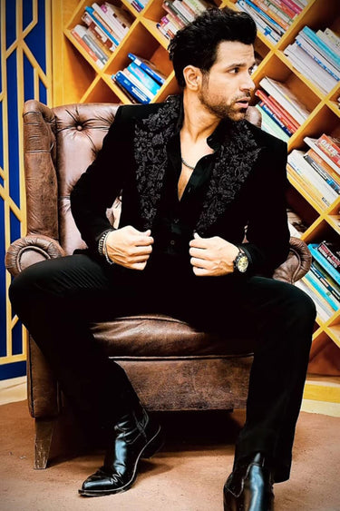 Rithvik in Black blazer with stud embellishment on the collar - Bharat Reshma
