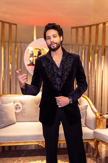Siddhant Chaturvedi in Our Black Velvet Embroidery Bead Collar Tuxedo Set - Bharat Reshma