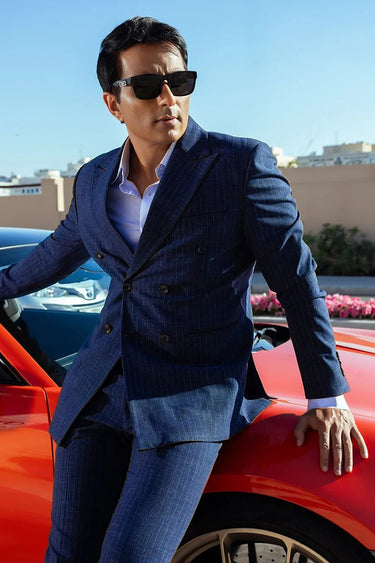 SONU-SOOD in Our Navy blue linen blazer with notched lapel collar - Bharat Reshma