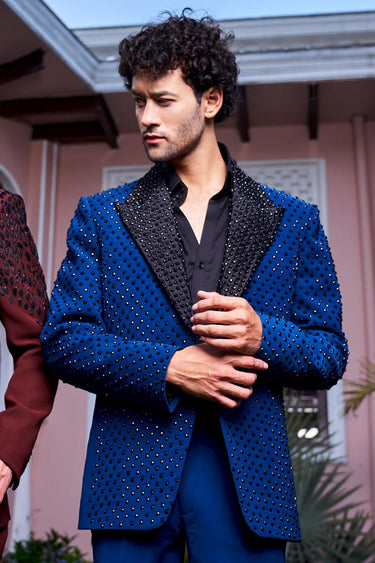 Blue Italian Designer Tuxedo Set with Hand Embroidery - Bharat Reshma