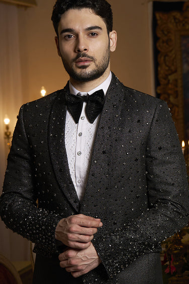 Gray italian 2 piece suit embellished with rhinestones - Bharat Reshma