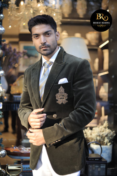 Gurmeet Chaudhary in Our Juniper Green Velvet Tuxedo - Bharat Reshma