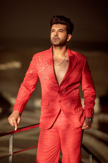 Karan Kundra in Our Red All Season Slim-fit Blazer and Pant Set - Bharat Reshma