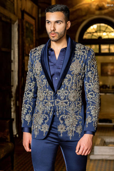 Blue Embellished Bead Tuxedo Set - Bharat Reshma