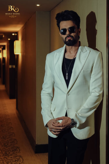 White Single-Breasted Blazer with Trouser - Bharat Reshma