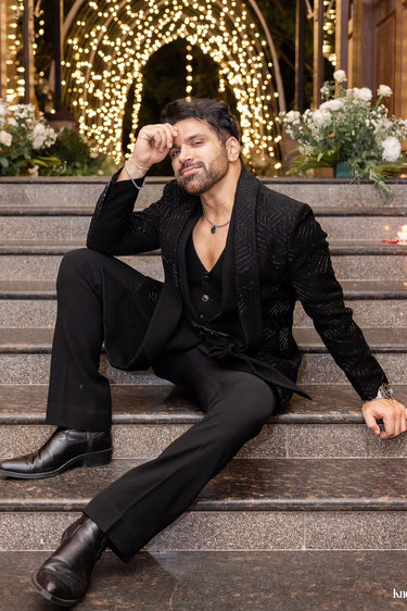 Black tuxedo with cutdana embellishments - Bharat Reshma