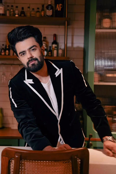 MANISH PAUL in Our Black jacket in velvet with white line - Bharat Reshma