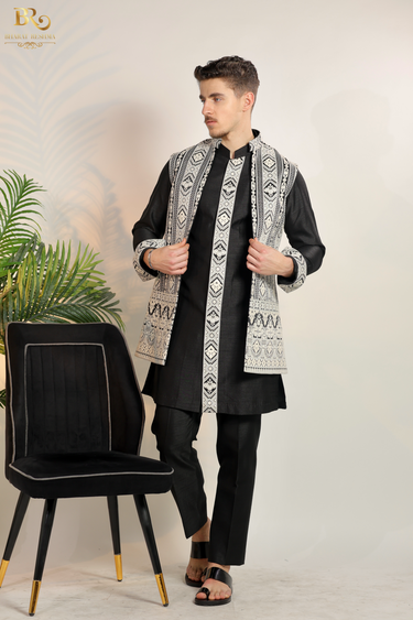 Black Resham Embroidered Geometric Long Nehru Jacket - Bharat Reshma