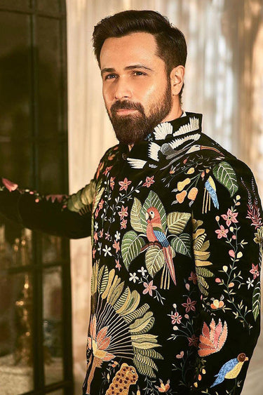 EMRAAN HASHMI in Our Black indo-western embellished with hand embroidery - Bharat Reshma
