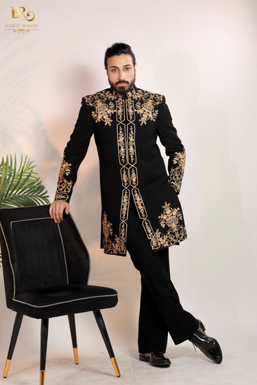 Golden Embroidered Indo Western Set - Bharat Reshma