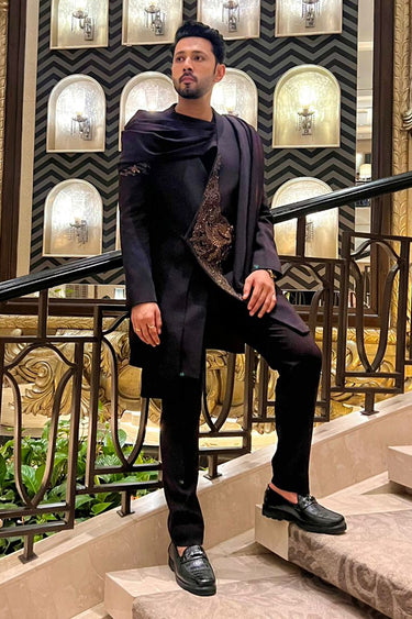 SAHIL-ANAND in Our Black indo western jacket attached with a drape - Bharat Reshma